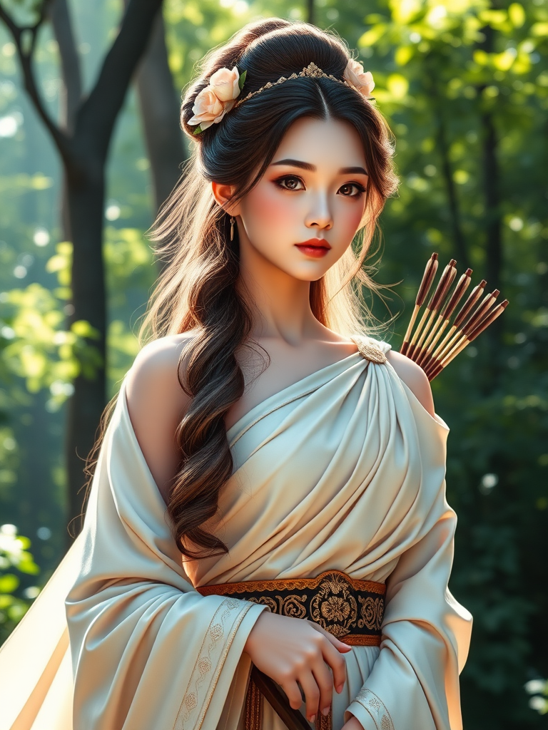 Create a portrait of a goddess-like Chinese girl figure in a tranquil, forested environment. She has an elegant appearance with long, wavy hair styled in an updo and adorned with a delicate, floral headband. She wears a flowing, ancient Greek-inspired gown in a soft, pale color, featuring a one-shoulder design and draped fabric that accentuates her graceful form. The outfit includes a decorative belt with ornate gold detailing, and she holds a bow in her hand, with a quiver of arrows slung over her shoulder. The background depicts lush greenery, with sunlight filtering through the trees, casting a gentle, ethereal light on the scene. Her expression is calm and contemplative, embodying a sense of wisdom and serenity.