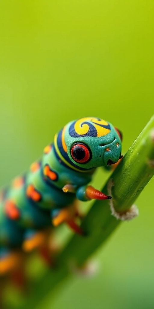 macro shot of a colorful caterpillar on a green plant, shallow depth of field, ISO 100, f/2.8, 1/200s, 100mm macro lens, soft natural lighting, focus on the caterpillar with a blurred background