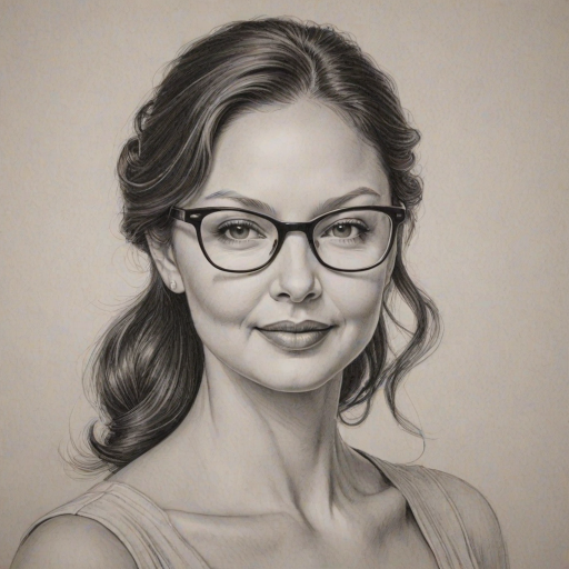 Captivating Ashley Judd, pencil sketch, portrait of Resplendent woman 1969s in glasses, hair style beatnik, outline, clear lines, fine lines, 8k
