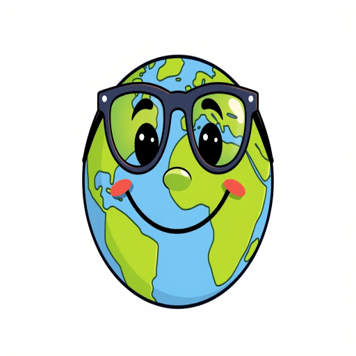 Create a colorful cartoon-style illustration of a smiling Earth with glasses against a light blue background, using a Canon EOS R5 camera with a 50mm lens, aperture set to f/2.8, ISO 100, and a soft light filter for enhanced image quality.