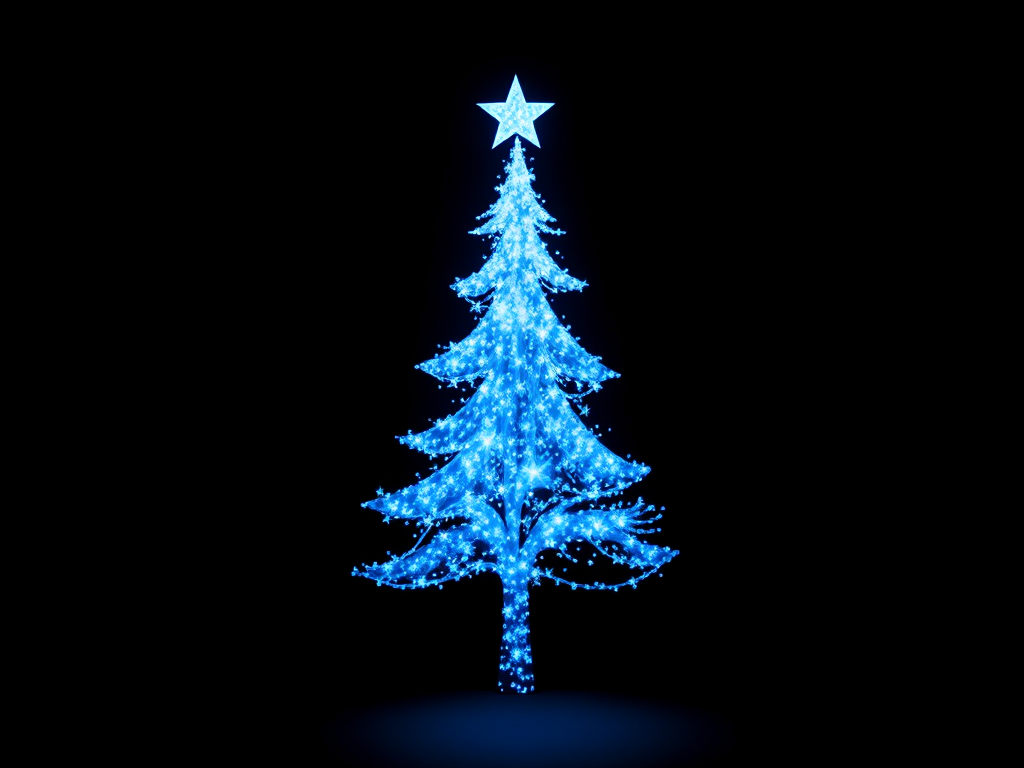 Bright Blue Christmas Tree Illuminated with Sparkling Lights Against a ...