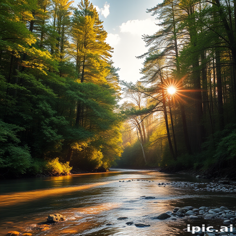 Create an image of a serene, sunlit forest scene with a clear, gently flowing river. Tall trees with lush green foliage line both sides of the river, their leaves bathed in the warm golden light of the setting or rising sun. The sunlight filters through the trees, casting soft, dappled light on the river, which flows over smooth rocks and pebbles, creating a peaceful, natural atmosphere. The sky is bright with a few scattered clouds, and the overall mood is tranquil, evoking a deep sense of connection with nature. The image captures the beauty of a calm, pristine forest landscape at either dawn or dusk.