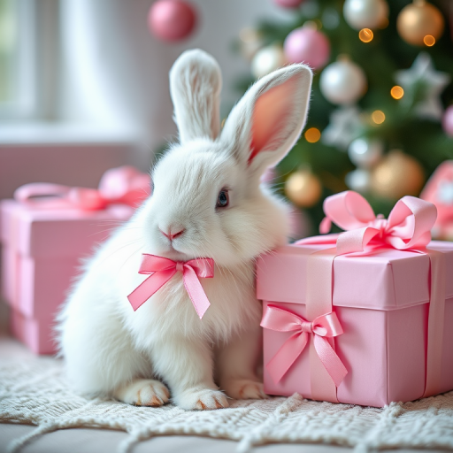 A fluffy white bunny with pink bows sitting next to a pink gift box in a festive holiday setting, focusing on soft textures and pastel colors, shot with a DSLR camera at f/1.8 aperture, 50mm lens, in a natural light environment, using a shallow depth of field to create a dreamy atmosphere.