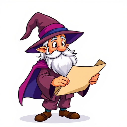 Create an illustration of a wizard holding a scroll, vibrant colors, cartoon style, use a Canon EOS 5D Mark IV, aperture f/2.8, focal length 50mm, lighting soft and diffused, high resolution.
