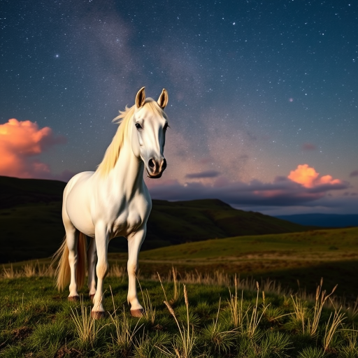 A majestic white horse standing on a grassy hill under a starry sky with the Milky Way visible, soft clouds illuminated by a pinkish hue, captured with a Canon EOS R5, 24mm f/1.4 lens, ISO 400, aperture f/2.8, shutter speed 15 seconds, in landscape mode at dawn for enhanced clarity and color vibrancy.