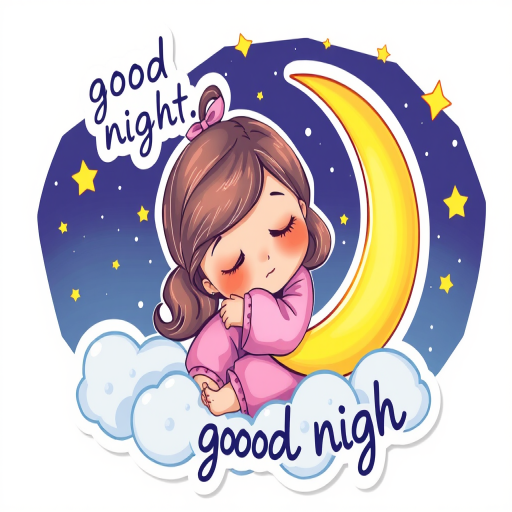 sticker style with white outline, a cute little girl with pink pyjama hugging the crescent moon, sleeping soundless, a whimsical fantasy art style, with glossy toned vibrant vivid color, a stars and clouds as a blanket, cute text 'good night', white background