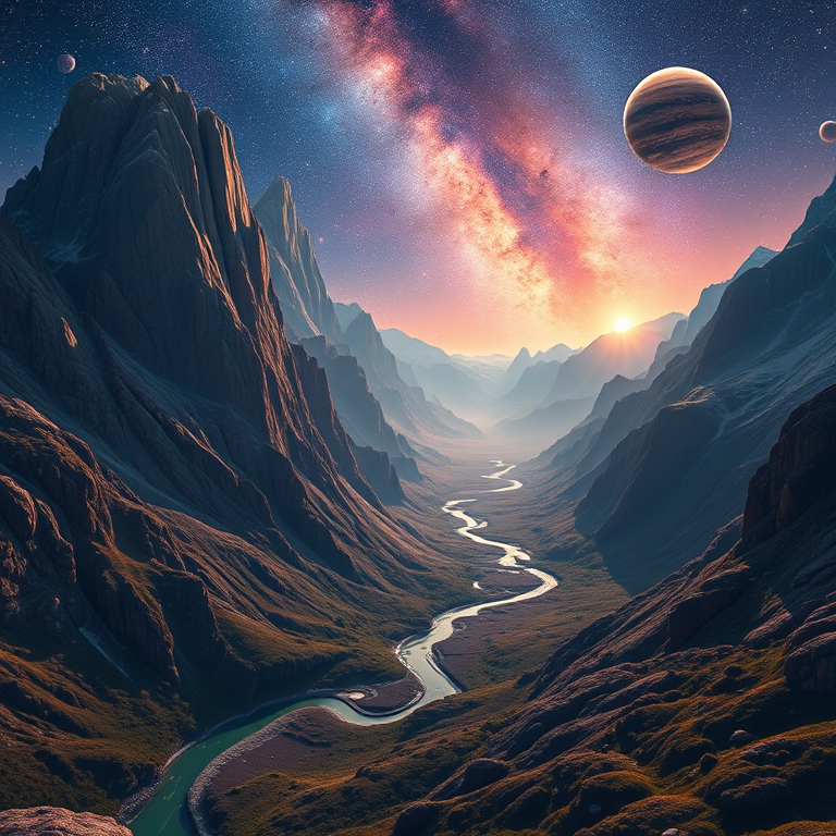 Create a high-resolution fantasy landscape with towering crystalline mountains, a winding river, and a starry sky with multiple planets, using a DSLR camera set to f/11, ISO 100, 1/200s, wide-angle view, vivid colors and high dynamic range.