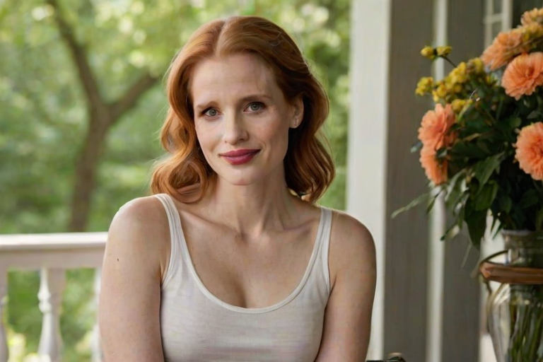 A photo of Jessica Chastain with a background of a cozy porch. She has dark hair pulled back in an updo, with tendrils framing her face. She wears a white tank top and sits on the porch. The porch is part of a well-lit home with a warm, earthy tone and colorful flowers and foliage. The overall scene has a warm, welcoming, and comfortable ambiance.