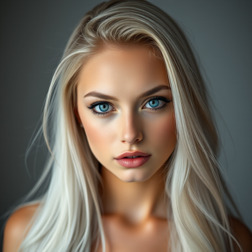 portrait of a beautiful young woman with long white hair and striking features, soft lighting, shallow depth of field, 50mm lens, f/1.8, ISO 100, portrait photography style, studio setup, high-resolution image quality