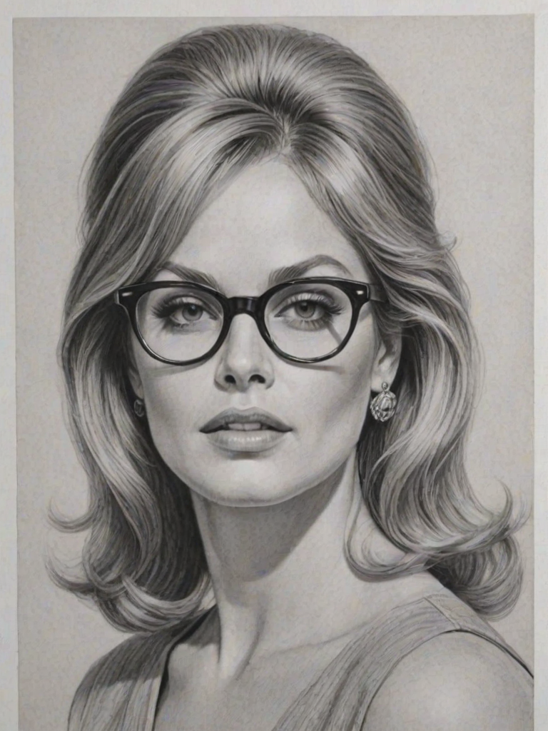 Pleasing Beverly D'Angelo, pencil sketch, portrait of Stunning woman 1960s in glasses, hair style beatnik, outline, clear lines, fine lines, 8k