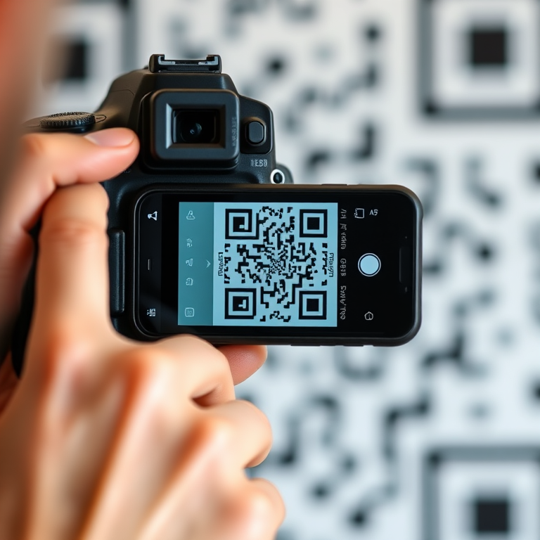 Capture a close-up image of a person holding a smartphone displaying a QR code, with a blurred QR code background, using a DSLR camera at f/2.8 aperture, ISO 100, and shutter speed of 1/125 sec, in portrait mode and soft lighting to enhance image quality.