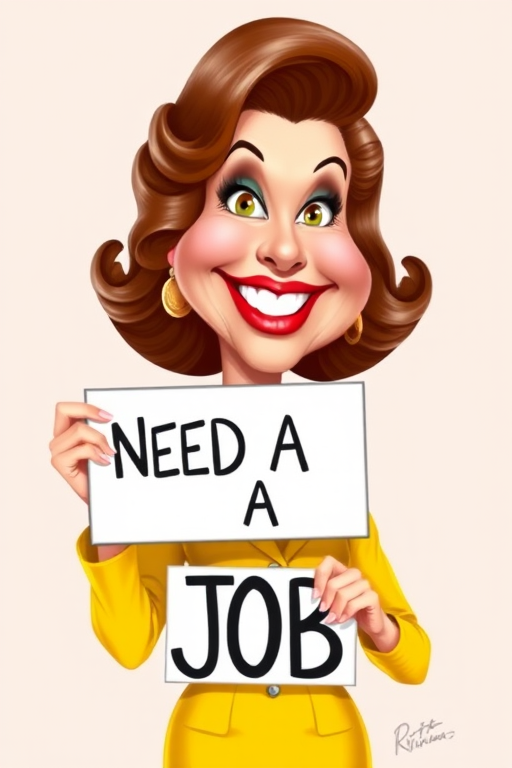 caricature of a smiling Rita Hayworth in a Yellow dress or suit, holding up a sign that says "NEED A JOB", no watermark,