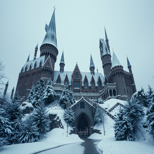 Regenerate an image of a snowy castle resembling Hogwarts, using a DSLR camera with a 24mm lens, aperture set to f/8, ISO 100, shot from a low angle wide shot to enhance depth and detail, with soft lighting to highlight architectural features.