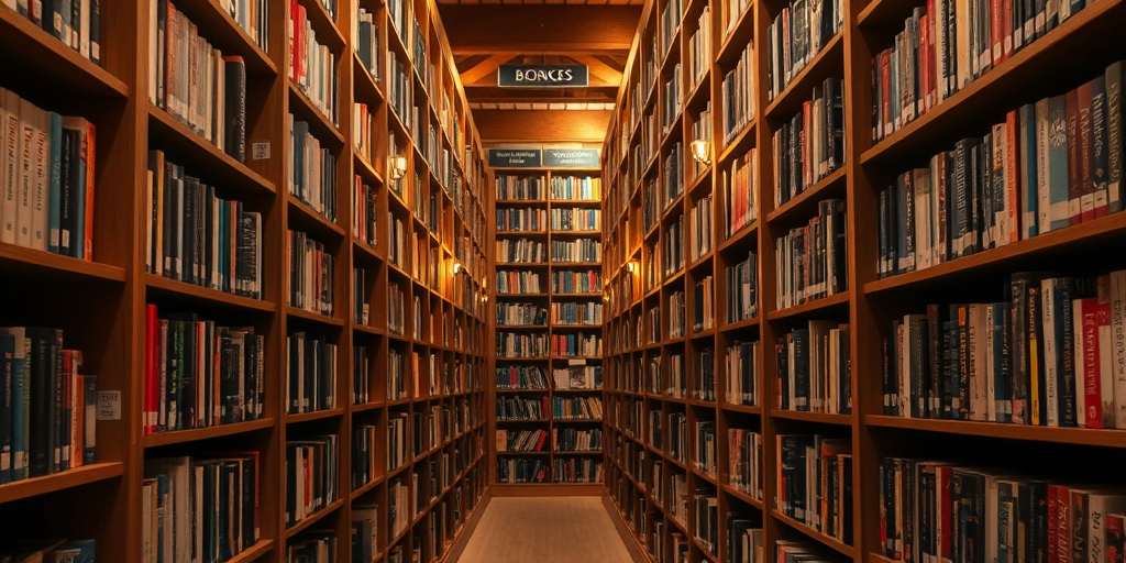a narrow aisle between tall wooden bookshelves filled with books in a cozy library setting, with warm lighting illuminating the pathway and signs indicating sections of books