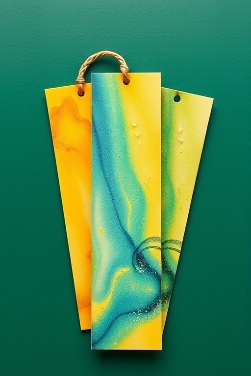 create a photo of Three bookmarks with a realistic picture of a "yellow, blue and green",