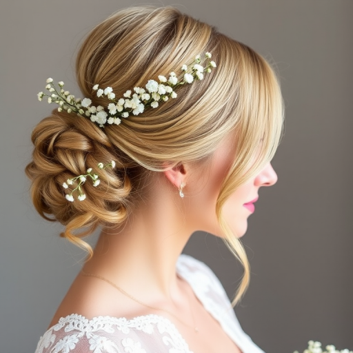Romantic bride with a soft, low chignon adorned with delicate baby's breath flowers and featuring a subtle champagne blonde balayage