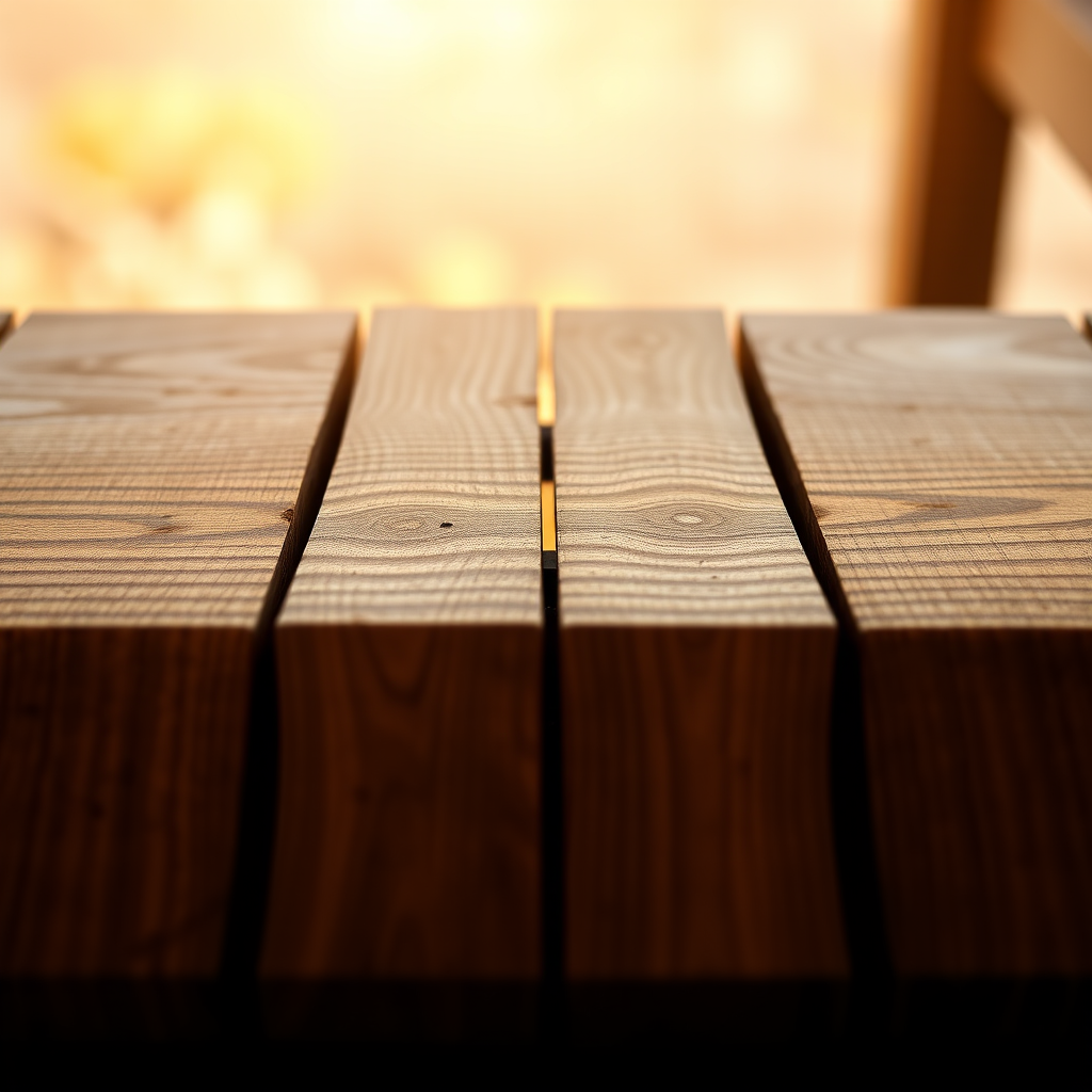 Create a high-resolution image of four wooden planks arranged horizontally with visible wood grain details, taken with a DSLR camera at f/8 aperture, 50mm lens, ISO 100, natural light, and a shallow depth of field for a soft background blur.