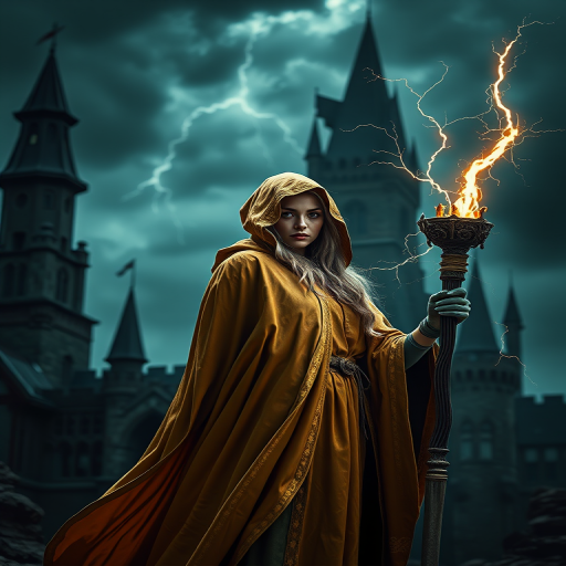 Generate a high-resolution fantasy image of a sorceress in a golden cloak, holding a staff with lightning, set against a dark, moody castle backdrop under a stormy sky, captured with a DSLR camera, 50mm lens, aperture f/2.8, ISO 100, with dramatic lighting and enhanced contrasts.