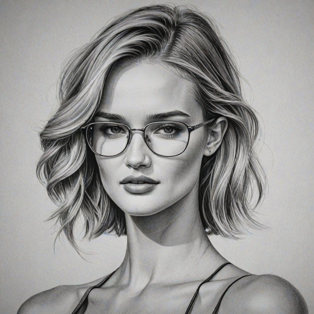 Dazzling Rosie Huntington-Whiteley, pencil sketch, portrait of Exquisite woman 1978s in glasses, hair style beatnik, outline, clear lines, fine lines, 8k