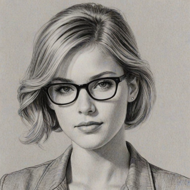 Resplendent Cody Horn, pencil sketch, portrait of Splendid woman 1961s in glasses, hair style beatnik, outline, clear lines, fine lines, 8k
