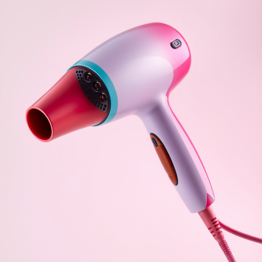 Create a high-resolution image of a colorful hairdryer with smooth lines and a modern design, using a 50mm lens, f/2.8 aperture, ISO 100, shot from a slightly angled front view with soft lighting to enhance details and colors.