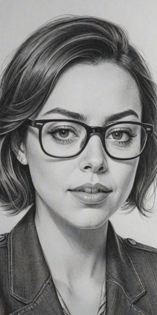 Beauteous Aubrey Plaza, pencil sketch, portrait of Appealing woman 1944s in glasses, hair style beatnik, outline, clear lines, fine lines, 8k
