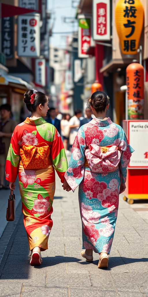 A vibrant street scene in Japan with two women in colorful kimonos walking hand in hand, capturing traditional Japanese culture, shot with a Canon EOS R5, 50mm lens, aperture f/1.8, shutter speed 1/200 sec, ISO 200, natural sunlight for enhanced colors and depth.
