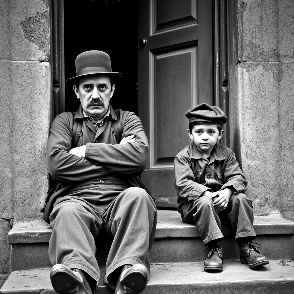 A black-and-white photograph of a man and a child sitting on steps in front of a doorway. The man is dressed as a tramp with a bowler hat, mustache, and ragged clothes, reminiscent of Charlie Chaplin's iconic look. He is sitting with his arms crossed and an expression of slight sadness or frustration. Next to him is a young boy, also in worn clothes and a cap, sitting with his hands clasped, looking thoughtful. The background is an old, textured wall and a partially open door, creating a vintage, early 20th-century atmosphere.