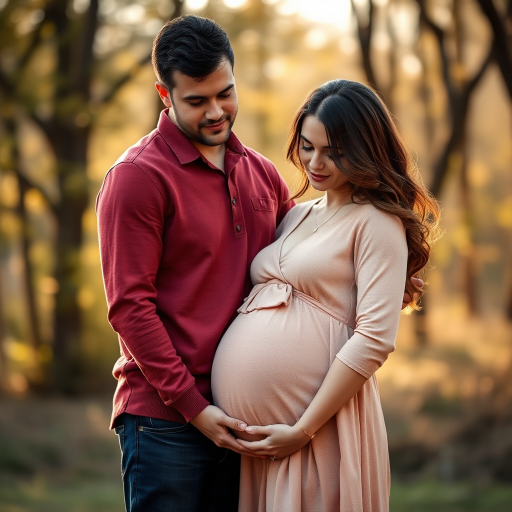 Create a serene outdoor portrait of a couple, with the woman cradling her pregnant belly, set against a softly focused background of trees, using a Canon EOS R5, aperture f/2.8, ISO 100, 50mm lens, natural light, and a warm color palette to enhance the emotional connection.