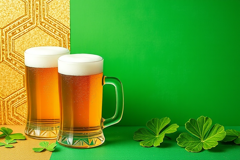 Create a festive St. Patrick's Day graphic featuring two frothy beer mugs, set against a textured gold and green background, captured with a Canon EOS R5, 50mm lens, f/1.8, ISO 100, natural lighting, flat lay style.