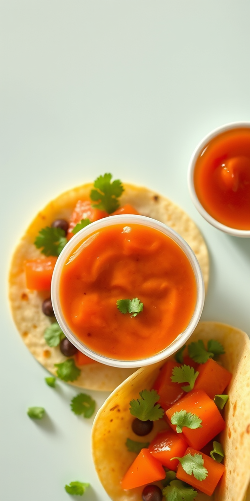 high-quality illustration of tacos and a dipping sauce on a clean background, macro lens, aperture f/2.8, ISO 100, soft natural lighting, top-down view, digital camera