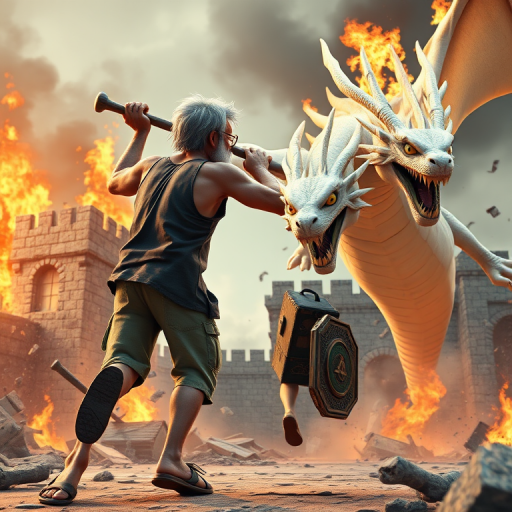 Cartoon 3D High-Resolution,dynamic battle scene using Unreal Engine 5 and Octane Render. The scene features back of an elderly, thai man with a beard,messy hair and round golden-rimmed glasses. He is wearing a tattered tank top with soot marks, shorts, and sandals. sweating. he wields a baseball bat. He jump to fight with a white fire-breathing Europe dragon amidst a partially destroyed stone castle. Include intense flames, smoke, and debris to enhance the dramatic effect.