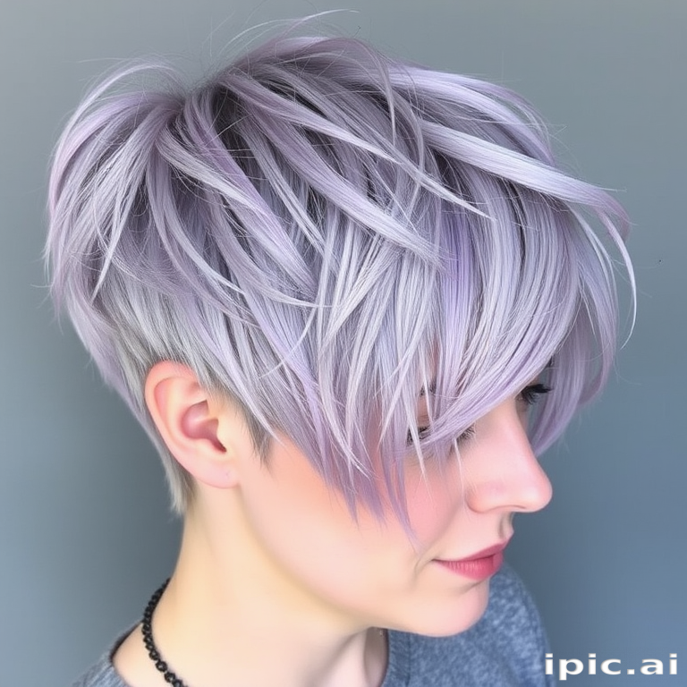Ethereal lavender gray hair in a textured pixie cut, created by Misty Twilight, showcasing a soft, wispy finish with subtle lilac highlights and delicate silver leaf accents
