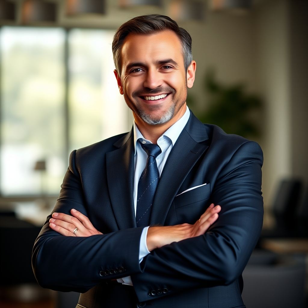 Create a high-resolution portrait of a smiling man in a suit with arms crossed, captured with a Canon EOS 5D Mark IV, using a 50mm f/1.8 lens, aperture set to f/2.8, ISO 100, natural lighting, frontal view, professional photography style, ensuring a clean background for maximum focus on the subject.