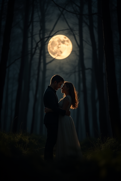 Create a romantic scene of a couple embracing in a moonlit forest with a full moon in the background, using a DSLR camera with a 50mm lens, f/1.8 aperture, ISO 100, and a soft focus style to enhance the ethereal quality of the image.