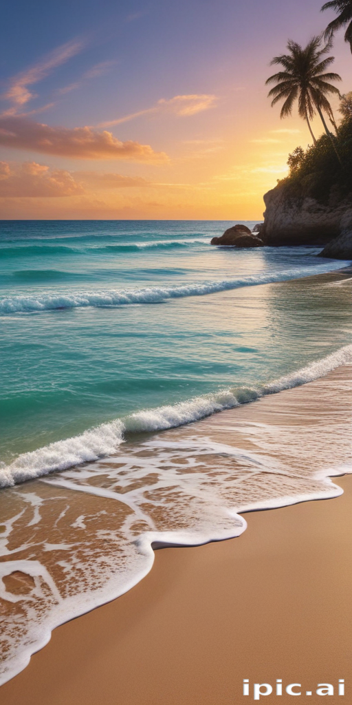 Tranquil Sunset Over Serene Beach with Gentle Waves and Palm Trees