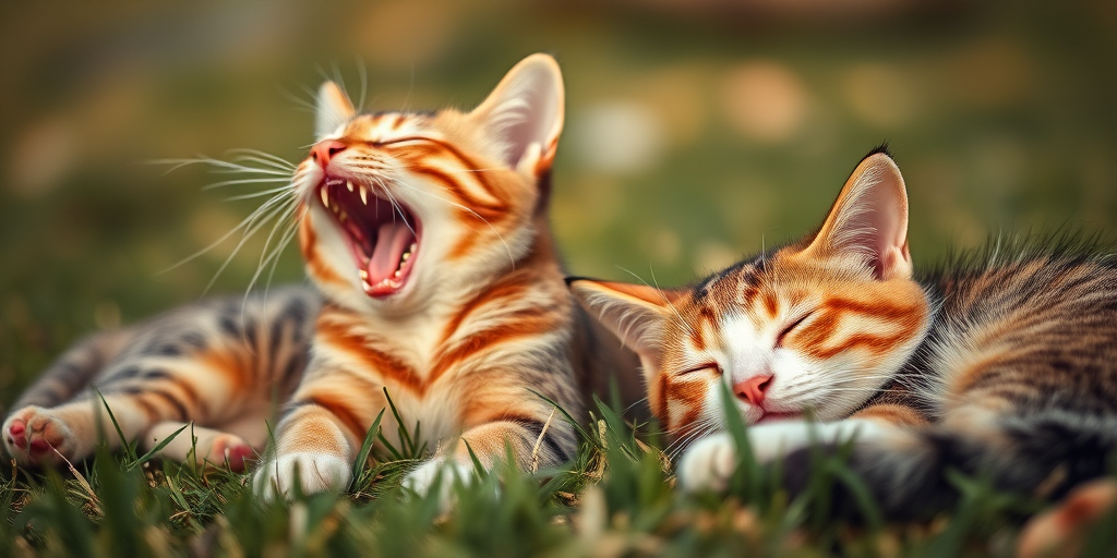 Create a high-resolution image of two cats resting on grass, one yawning and the other sleeping, with a shallow depth of field, warm lighting, and a soft bokeh background, shot with a DSLR camera at 50mm, f/1.8 aperture, ISO 200, and a low angle perspective.