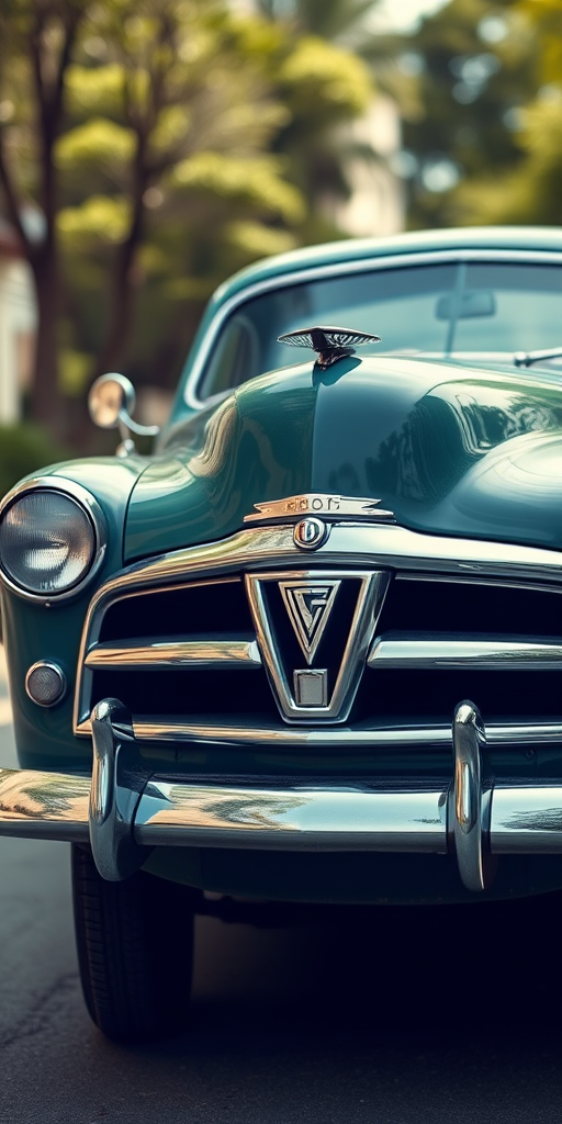 high-definition image of a vintage car front view, f/2.8, ISO 100, 1/500s, shot with a DSLR camera, using a 50mm lens, natural light, shallow depth of field for a crisp background blur