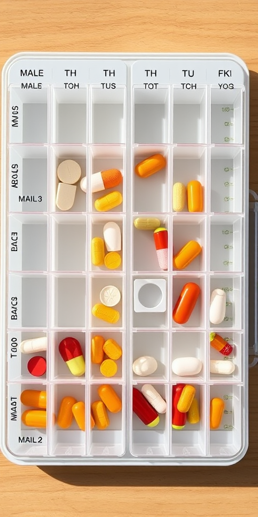 Create a high-resolution image of a weekly pill organizer with clearly labeled compartments for each day, captured from a top-down view using a DSLR camera at f/2.8 aperture, ISO 100, 1/60 sec shutter speed, and natural lighting to enhance detail and color vibrancy.