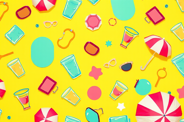 Create a vibrant summer pattern featuring various glasses, beach umbrellas, and abstract shapes on a bright yellow background, captured with a Canon EOS R5 at f/8, ISO 100, 50mm lens, top-down view, high saturation style.