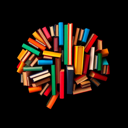 Generate an image of a silhouette of a brain made up of colorful books forming a brain shape, high resolution, top-down view, telephoto lens, f-stop 8, ISO 200, natural lighting.
