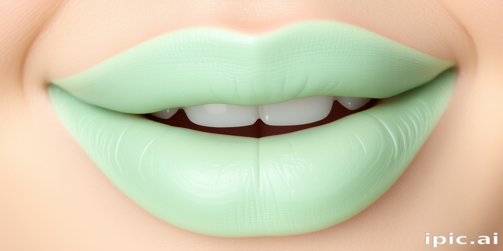 Pastel mint green lips with a creamy satin finish, "Pistachio Dream" boasts a unique and unexpected color choice with a soft, hydrated appearance