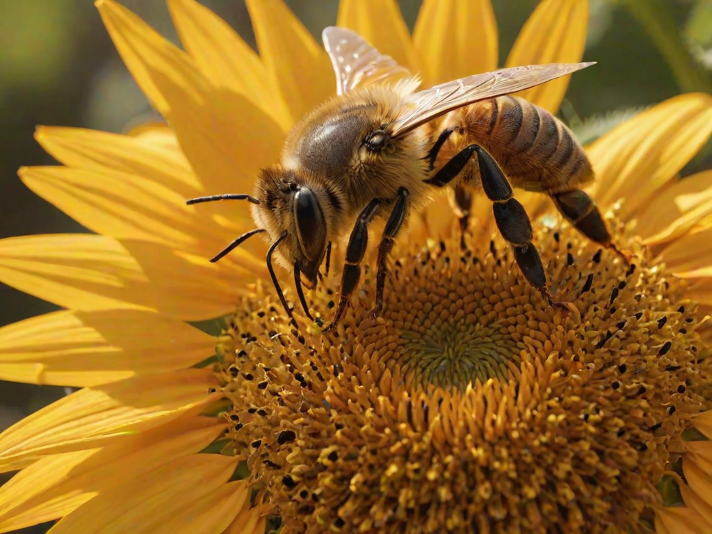 Sharp, detailed close-up of a bee pollinating a vibrant sunflower, soft sunlight reflecting off its wings, tiny details of pollen visible on its legs, and the feeling of natural harmony.