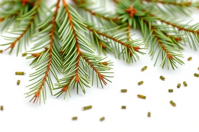 Create a high-resolution illustration of various green pine branches scattered on a white background, using a macro lens with a shallow depth of field, aperture f/2.8, 50mm lens, and natural lighting for enhanced texture detail.