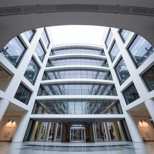 modern office building design, minimalistic style, high-resolution, wide-angle view, f/8 aperture, ISO 100, 50mm lens, daylight settings, sharp focus, clean background
