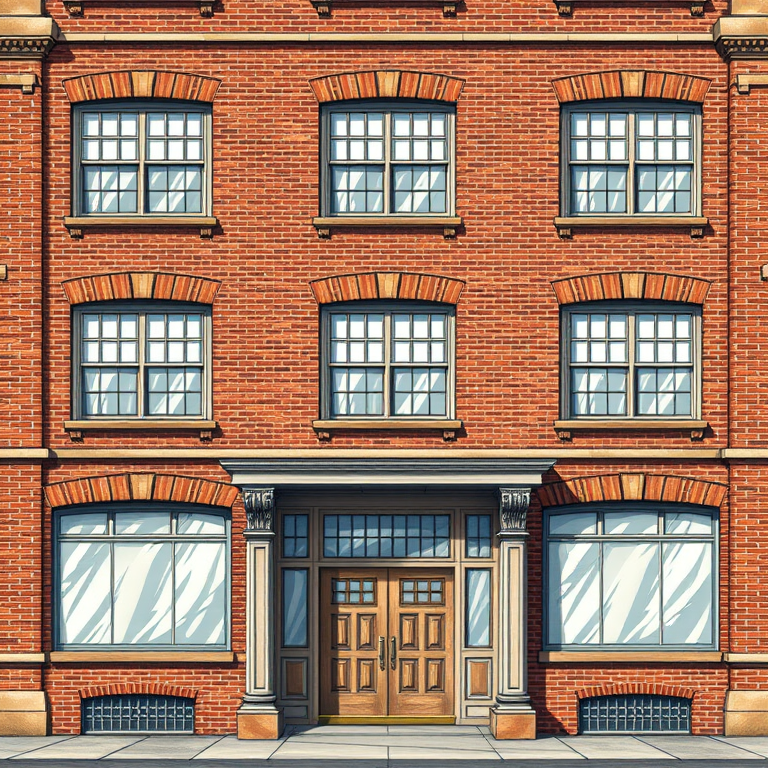 Create a detailed illustration of a five-story brick building with wooden texture, large windows, and a prominent entrance with double doors, using a 50mm lens, f/8 aperture, ISO 200 for sharpness, and overhead lighting to enhance details.