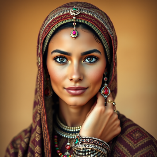 Create a portrait of a beautiful Sahrawi woman with striking black eyes and a gentle expression. She is adorned in traditional attire with intricate patterns, including a richly embroidered headscarf and matching garments. Her jewelry includes a delicate headpiece, dangling earrings, and ornate bracelets, all featuring vibrant gemstones and detailed metalwork. The background is soft and warm, enhancing the rich colors of her outfit and jewelry.