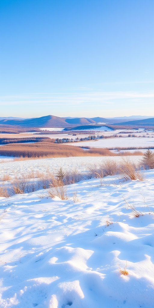 Generate a high-resolution winter landscape scene with a clear blue sky, snow-covered fields, and distant hills, using a DSLR camera, 35mm lens, aperture f/8, ISO 100, and a wide-angle view for enhanced depth.