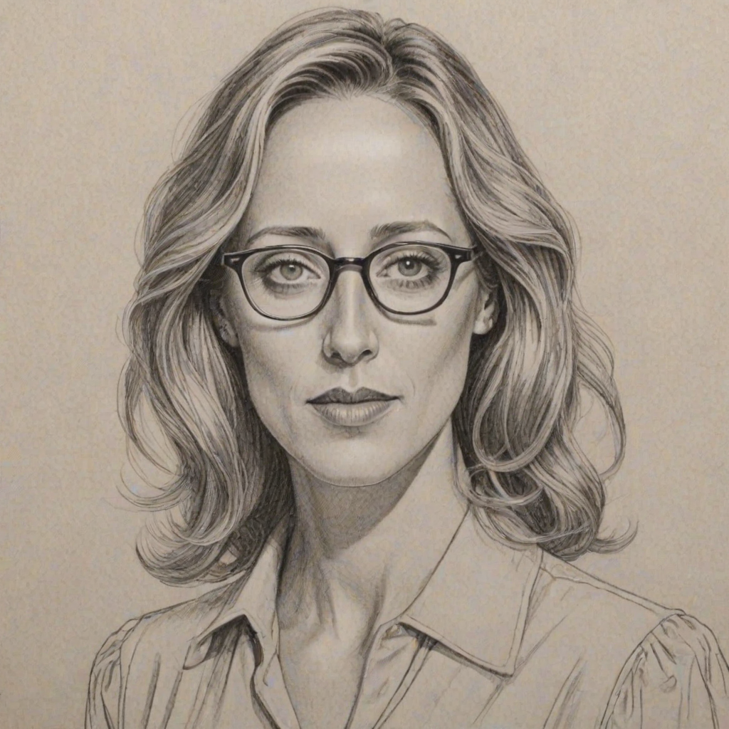 Attractive Kim Raver, pencil sketch, portrait of Fascinating woman 1930s in glasses, hair style beatnik, outline, clear lines, fine lines, 8k