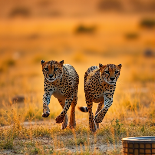 Generate an image of two cheetahs running side by side in a golden grassland during sunrise, using a DSLR camera with a 50mm lens, aperture set to f/2.8, shutter speed at 1/1000s, ISO 200, and a shallow depth of field to emphasize the cheetahs in sharp focus against a blurred background.